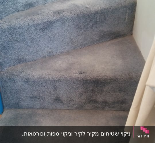 מדרגות מכוסות שטיח אפור עם כתמים כהים